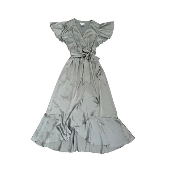 Nicole Miller Gray Satin Faux Wrap Dress - Picture 1 of 6